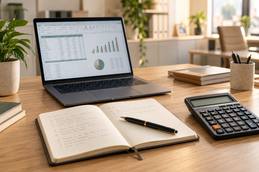 Mesa de trabalho do salão: agenda, calculadora e flores
